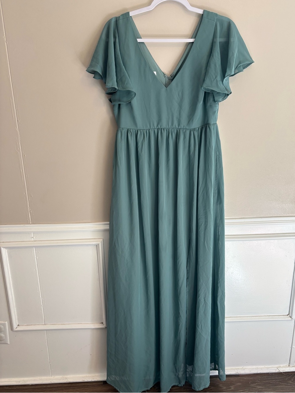 Birdy Grey Sage Green V-Neck Flutter Sleeve Maxi bridesmaid formal Dress